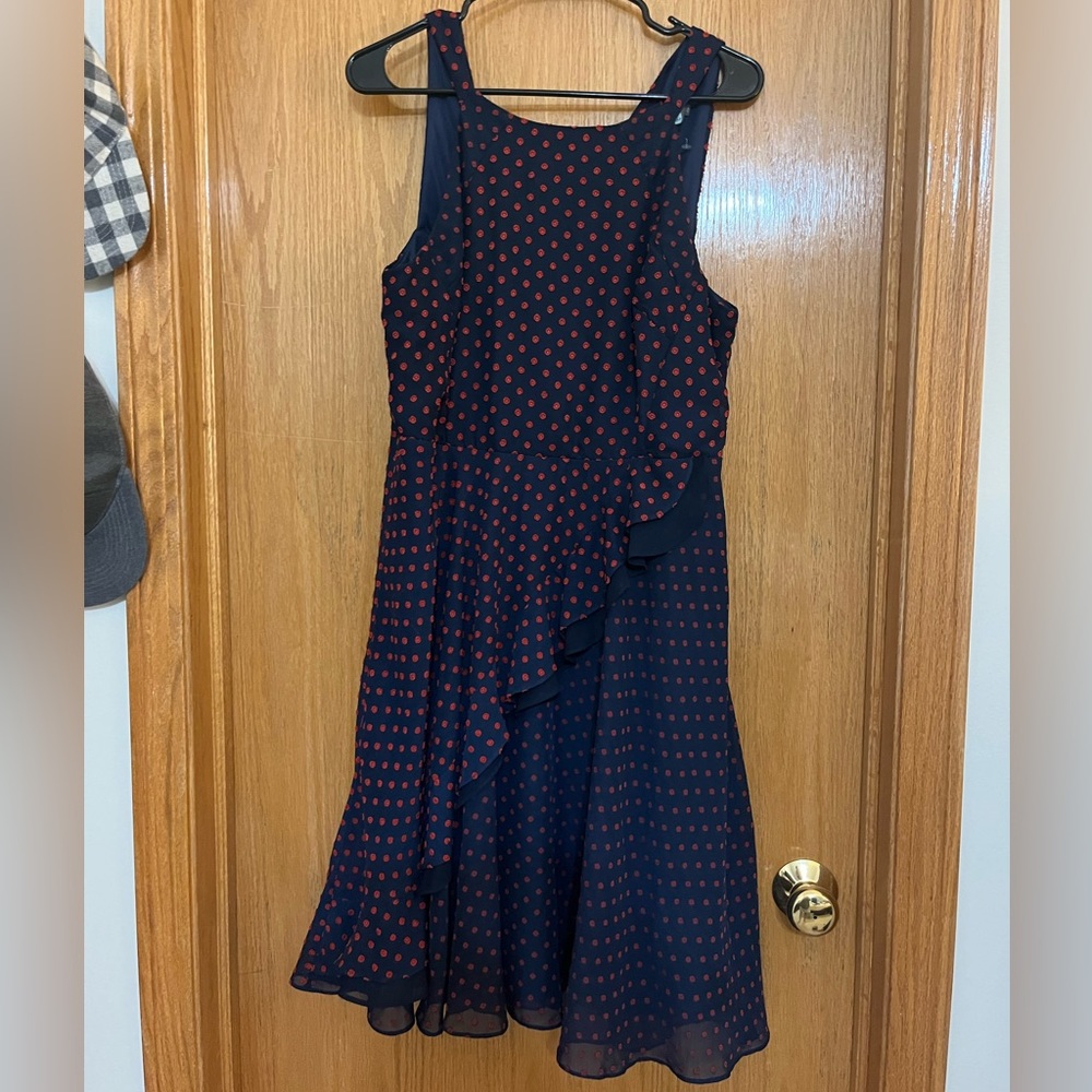 Navy with red dots faux wrap dress. Size 14
